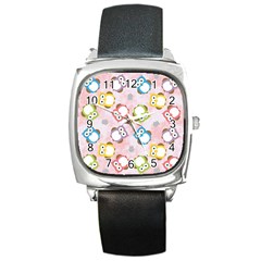 Owl Bird Cute Pattern Background Square Metal Watch