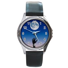 Moon Sky Blue Hand Arm Night Round Metal Watch by HermanTelo