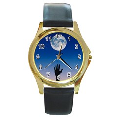 Moon Sky Blue Hand Arm Night Round Gold Metal Watch by HermanTelo