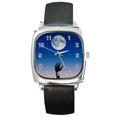 Moon Sky Blue Hand Arm Night Square Metal Watch by HermanTelo