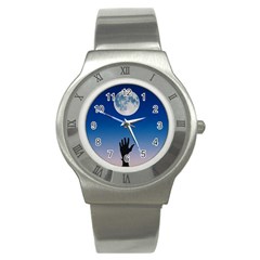 Moon Sky Blue Hand Arm Night Stainless Steel Watch by HermanTelo