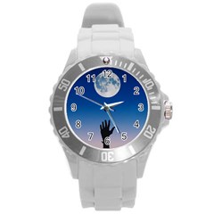 Moon Sky Blue Hand Arm Night Round Plastic Sport Watch (l) by HermanTelo