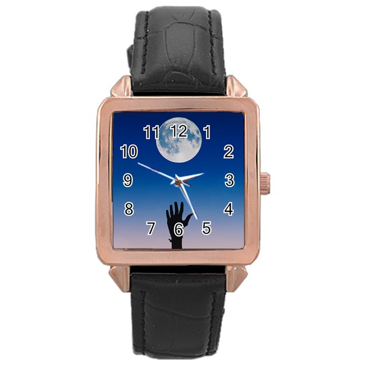 Moon Sky Blue Hand Arm Night Rose Gold Leather Watch 