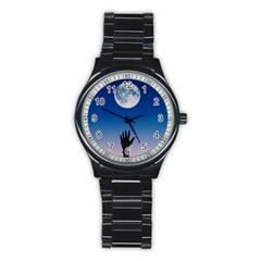 Moon Sky Blue Hand Arm Night Stainless Steel Round Watch by HermanTelo