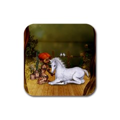 Cute Fairy With Unicorn Foal Rubber Square Coaster (4 Pack)  by FantasyWorld7