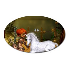 Cute Fairy With Unicorn Foal Oval Magnet by FantasyWorld7