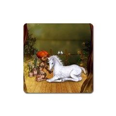 Cute Fairy With Unicorn Foal Square Magnet by FantasyWorld7