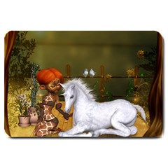 Cute Fairy With Unicorn Foal Large Doormat  by FantasyWorld7