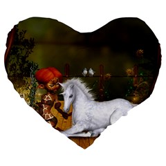 Cute Fairy With Unicorn Foal Large 19  Premium Flano Heart Shape Cushions by FantasyWorld7