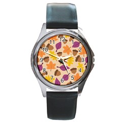 Acorn Leaves Pattern Round Metal Watch by HermanTelo