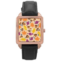 Acorn Leaves Pattern Rose Gold Leather Watch 