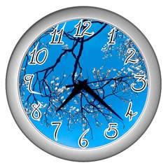 The Beauty Of Life- Cherry Blossom Tree Wall Clock (silver) by WensdaiAmbrose