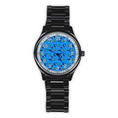 Halloween Witch Pattern Blue Stainless Steel Round Watch