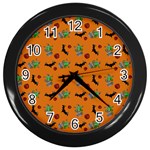 Halloween Witch Pattern Orange Wall Clock (Black) Front