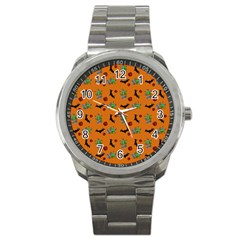 Halloween Witch Pattern Orange Sport Metal Watch