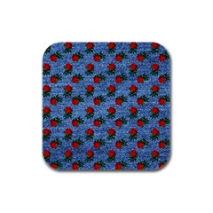 Blue Denim And Roses Rubber Square Coaster (4 Pack)  by snowwhitegirl