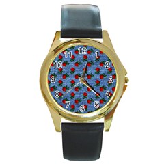 Blue Denim And Roses Round Gold Metal Watch by snowwhitegirl