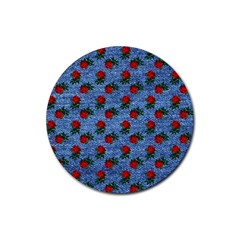 Blue Denim And Roses Rubber Coaster (round)  by snowwhitegirl