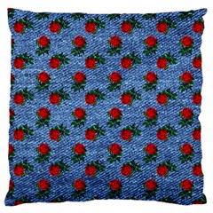 Blue Denim And Roses Large Cushion Case (two Sides) by snowwhitegirl