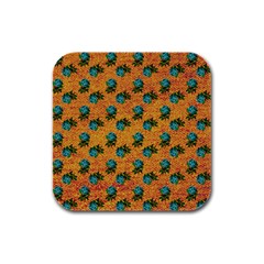 Orange Denim And Roses Rubber Square Coaster (4 Pack)  by snowwhitegirl