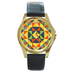 Background Geometric Color Plaid Round Gold Metal Watch