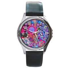 Red Flower Abstract  Round Metal Watch by okhismakingart