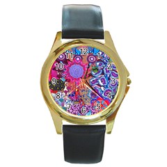 Red Flower Abstract  Round Gold Metal Watch by okhismakingart