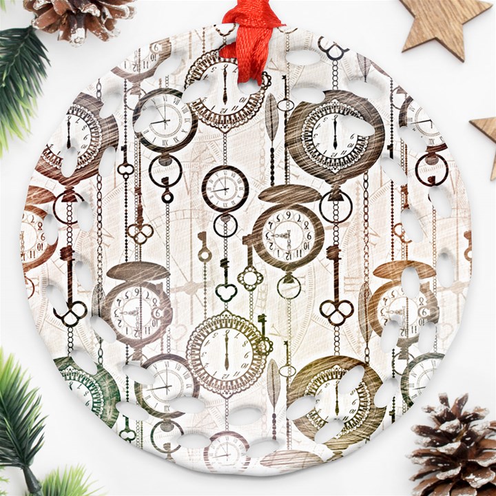 Background Watches Key Time Retro Ornament (Round Filigree)