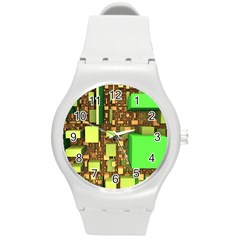 Blocks Cubes Green Round Plastic Sport Watch (m) by HermanTelo