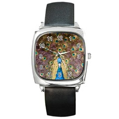 Bird Peacock Feather Square Metal Watch