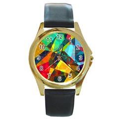 Color Abstract Polygon Background Round Gold Metal Watch