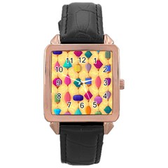 Colorful Background Stones Jewels Rose Gold Leather Watch 