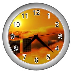 City Sun Clouds Smog Sky Yellow Wall Clock (silver) by HermanTelo