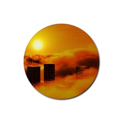 City Sun Clouds Smog Sky Yellow Rubber Round Coaster (4 Pack)  by HermanTelo