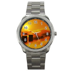 City Sun Clouds Smog Sky Yellow Sport Metal Watch by HermanTelo