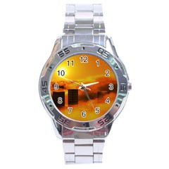 City Sun Clouds Smog Sky Yellow Stainless Steel Analogue Watch