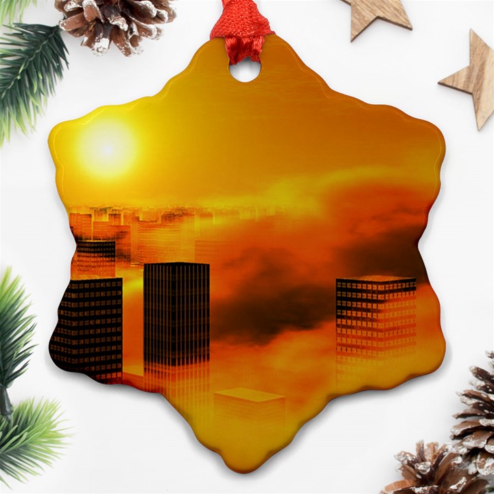 City Sun Clouds Smog Sky Yellow Snowflake Ornament (Two Sides)