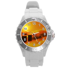 City Sun Clouds Smog Sky Yellow Round Plastic Sport Watch (l)