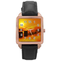 City Sun Clouds Smog Sky Yellow Rose Gold Leather Watch 