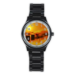 City Sun Clouds Smog Sky Yellow Stainless Steel Round Watch