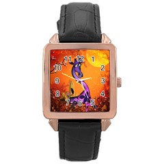 Funny Giraffe In The Night Rose Gold Leather Watch  by FantasyWorld7