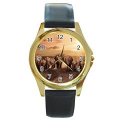 Elephant Dust Road Africa Savannah Round Gold Metal Watch by HermanTelo