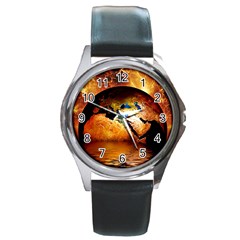 Earth Globe Water Fire Flame Round Metal Watch by HermanTelo