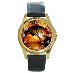 Earth Globe Water Fire Flame Round Gold Metal Watch by HermanTelo