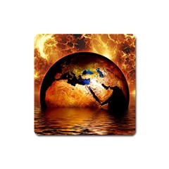 Earth Globe Water Fire Flame Square Magnet by HermanTelo