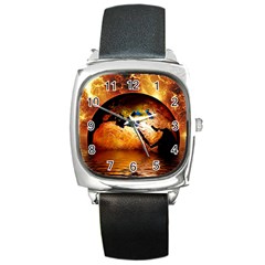 Earth Globe Water Fire Flame Square Metal Watch