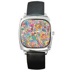 Floral Flowers Abstract Art Square Metal Watch