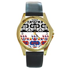 Folk Art Fabric Round Gold Metal Watch