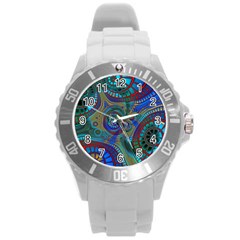 Fractal Abstract Line Wave Round Plastic Sport Watch (l) by HermanTelo