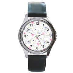 Floral Pink Blue Round Metal Watch by HermanTelo